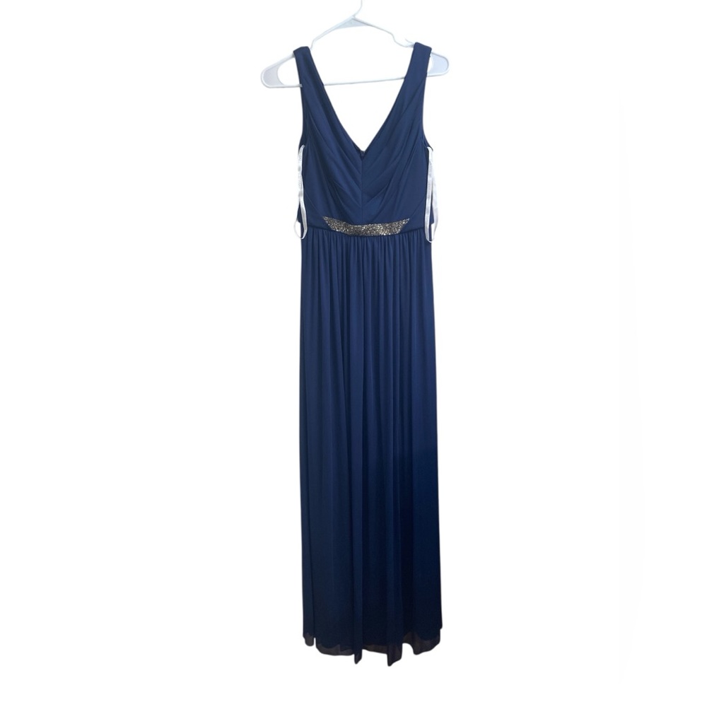 David's Bridal Blue Pleated Maxi Gown V-Neck